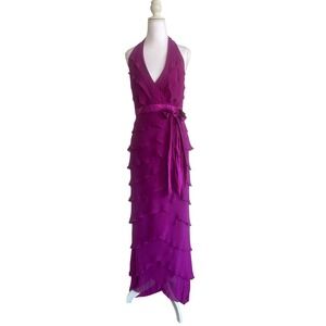 Tadashi Silk Halter Dress Sz 8 Fushia Pink Tiered Ruffle Sweep Train Bow Detail